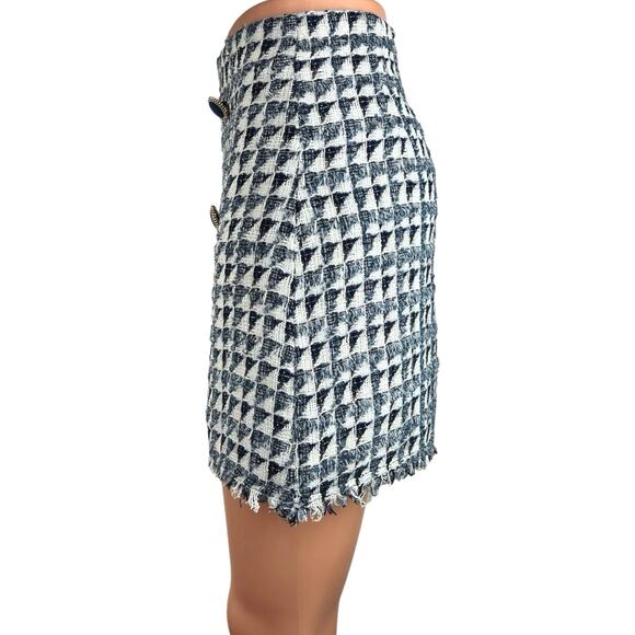 MNG Mango Blue White Tweed Plaid Button Checkered Mini Straight Pencil Skirt 2 - Picture 2 of 5